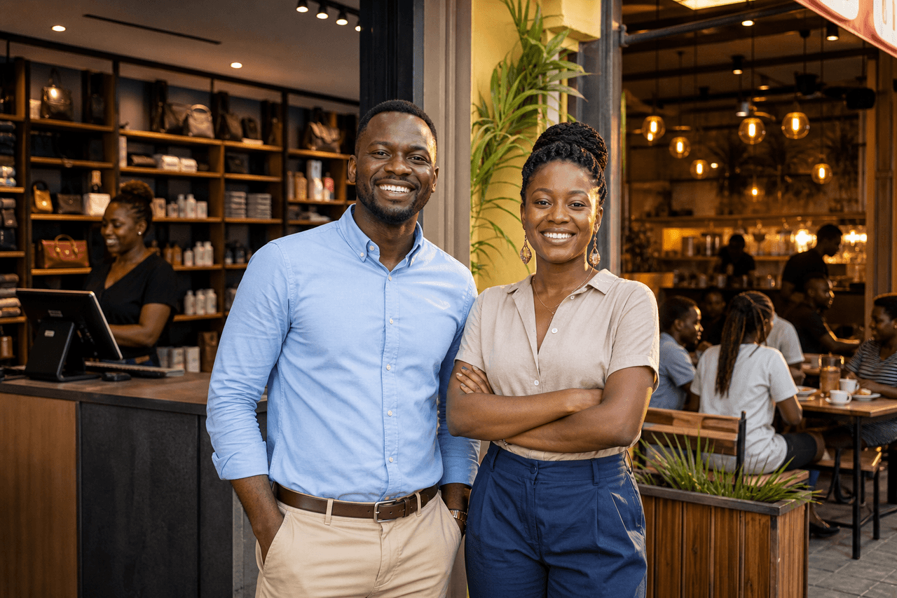 African retail and restaurant business owners running their stores with confidence